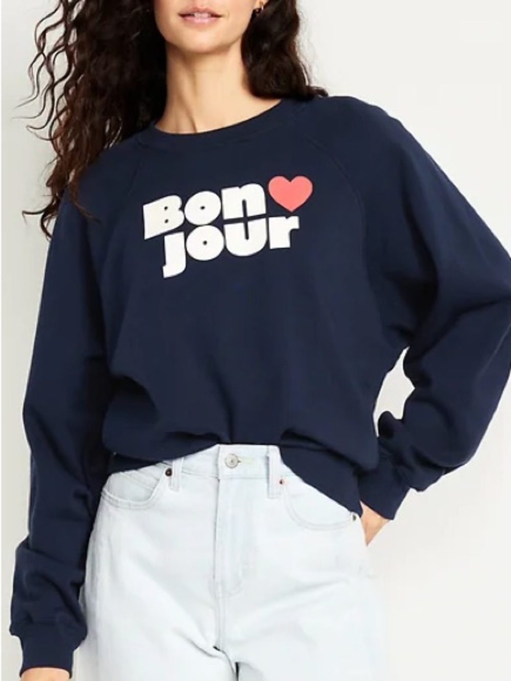 Old Navy Navy Graphic 'Bonjour' Sweatshirt with Pink Heart